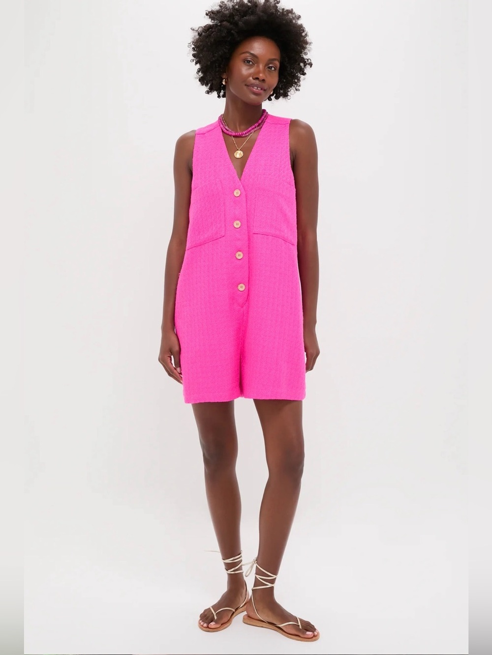 Tuckernuck Myla Romper Hot Pink Tweed Sleeveless Lined Sz Small Gold Buttons NWT